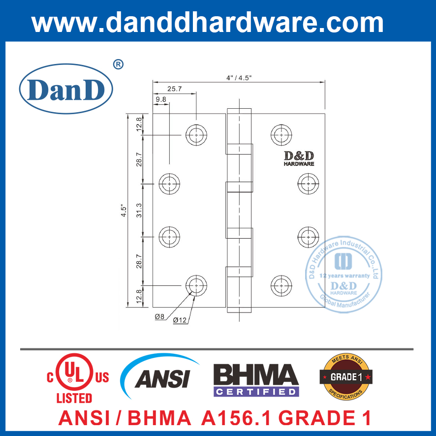 UL ANSI Grade 1 Stainless Steel 304 Silver Fire Heavy Door Hinge-DDSS001-ANSI-1