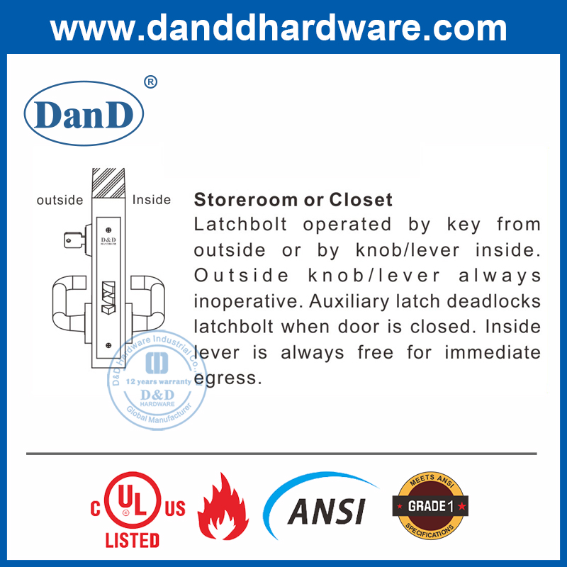 SS304 ANSI Grade 1 American Style Door Lock for Storeroom-DDAL07