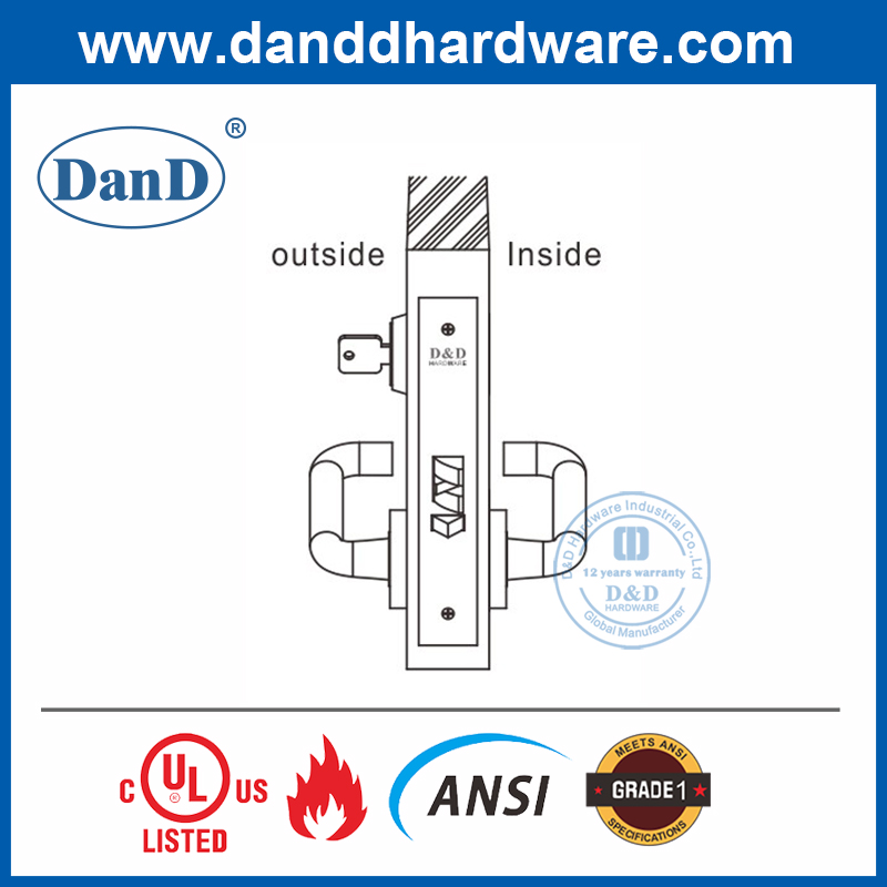 SS304 ANSI Grade 1 Latchbolt Mortice Lock for Classroom Door-DDAL05