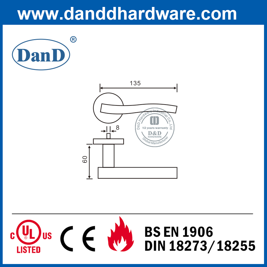 CE Grade 4 SS304 Modern Silver Fire Door Handle for Flush Door-DDTH007
